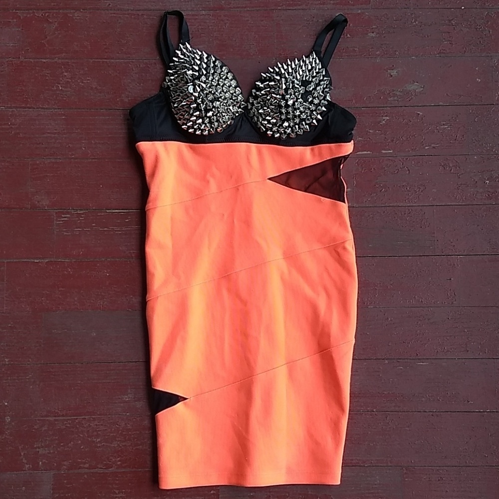 Mesh and spikes bodycon party dress